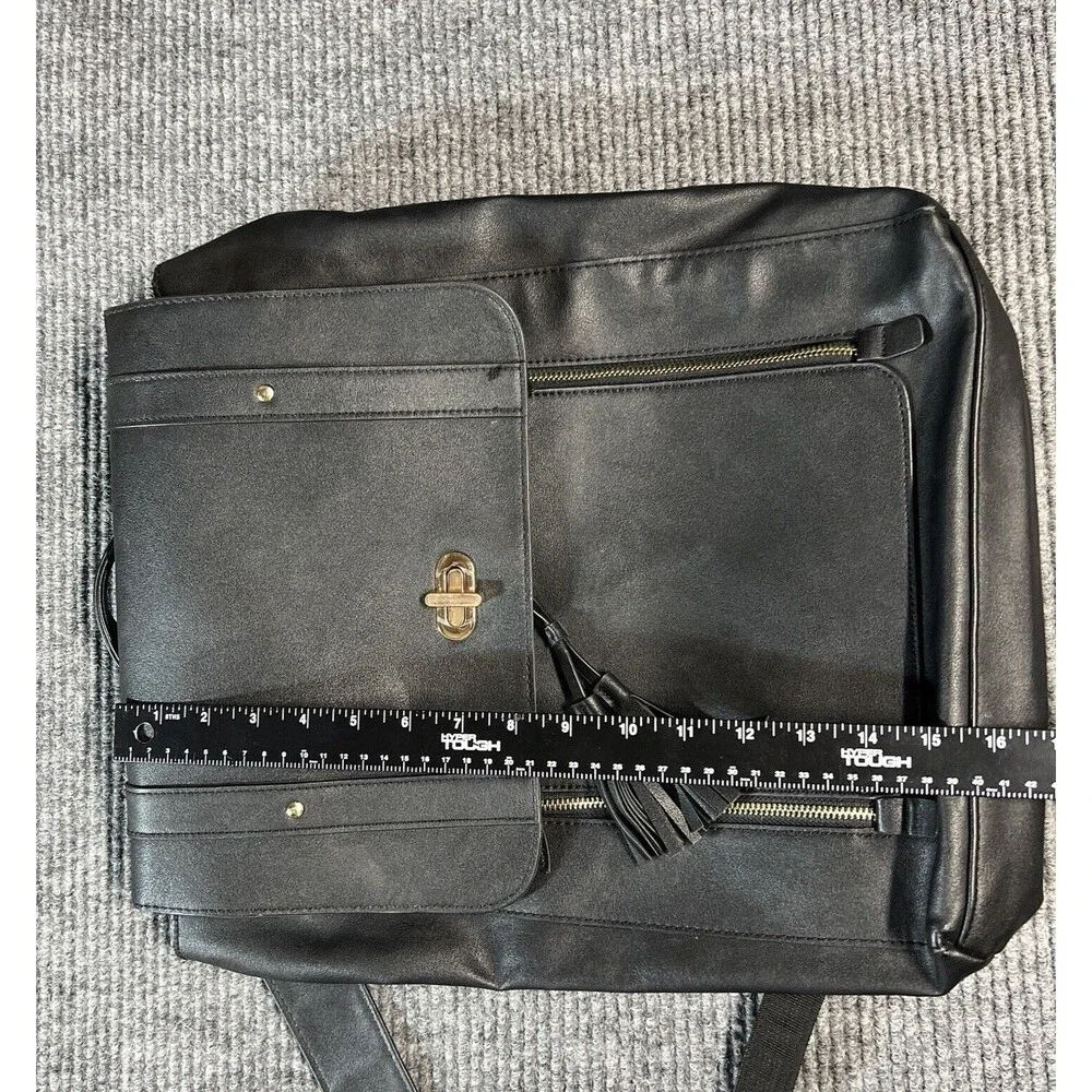 Faux Leather Black Backpack Laptop Bag Casual Work Business Pockets Straps 16x15